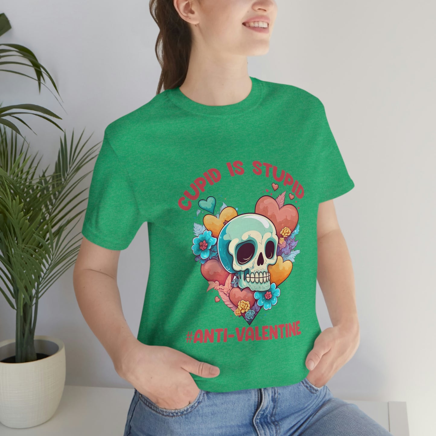 Stupid Cupid #Anti-Valentine Skull With Hearts & Flowers Unisex Jersey Short Sleeve Tee