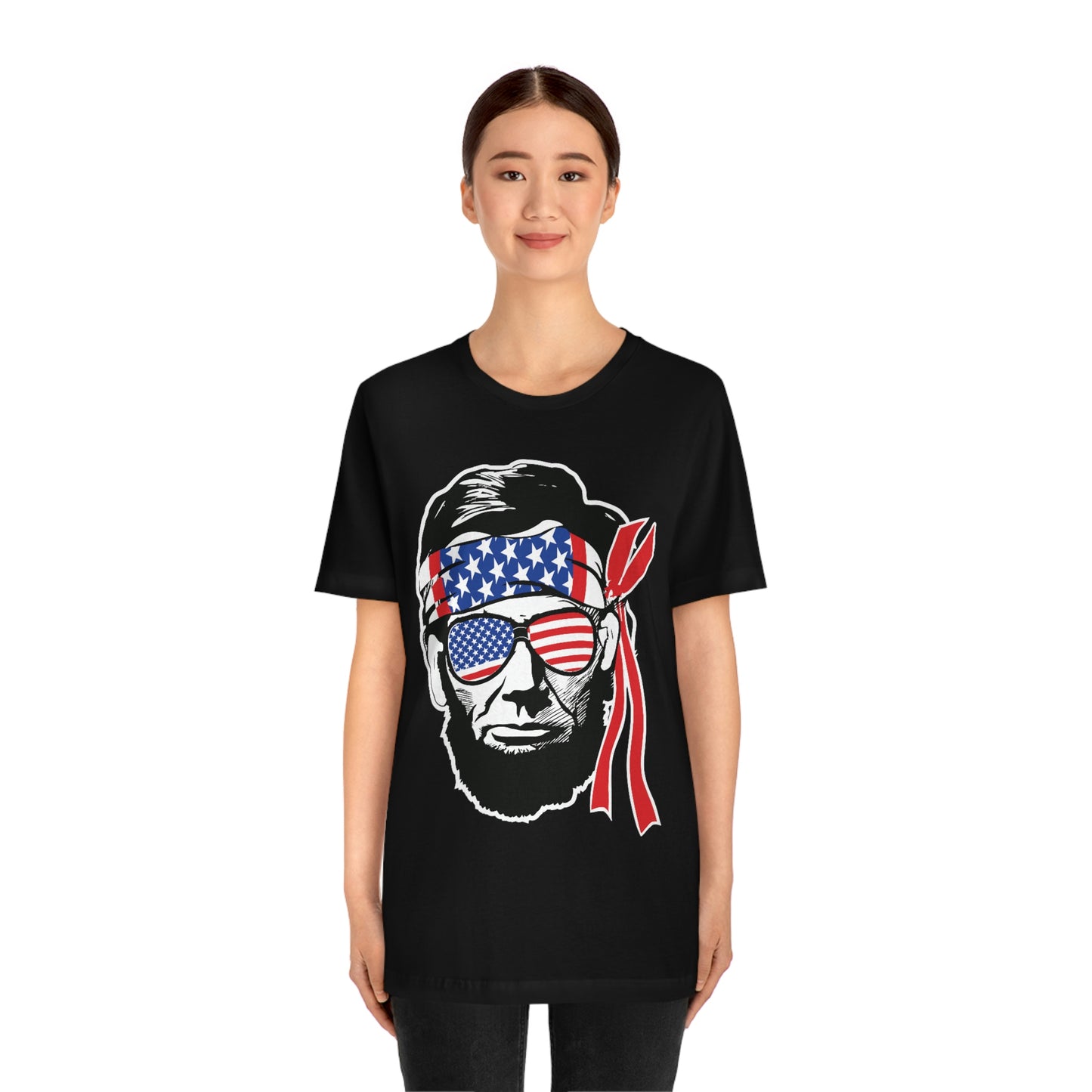 Independence Day Groovy Flag Glasses Well Known Face with Flag Bandana Unisex Jersey Short Sleeve Tee