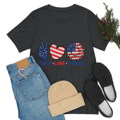 Peace Fingers , Love Heart , America Flag Design Unisex Jersey Short Sleeve Tee