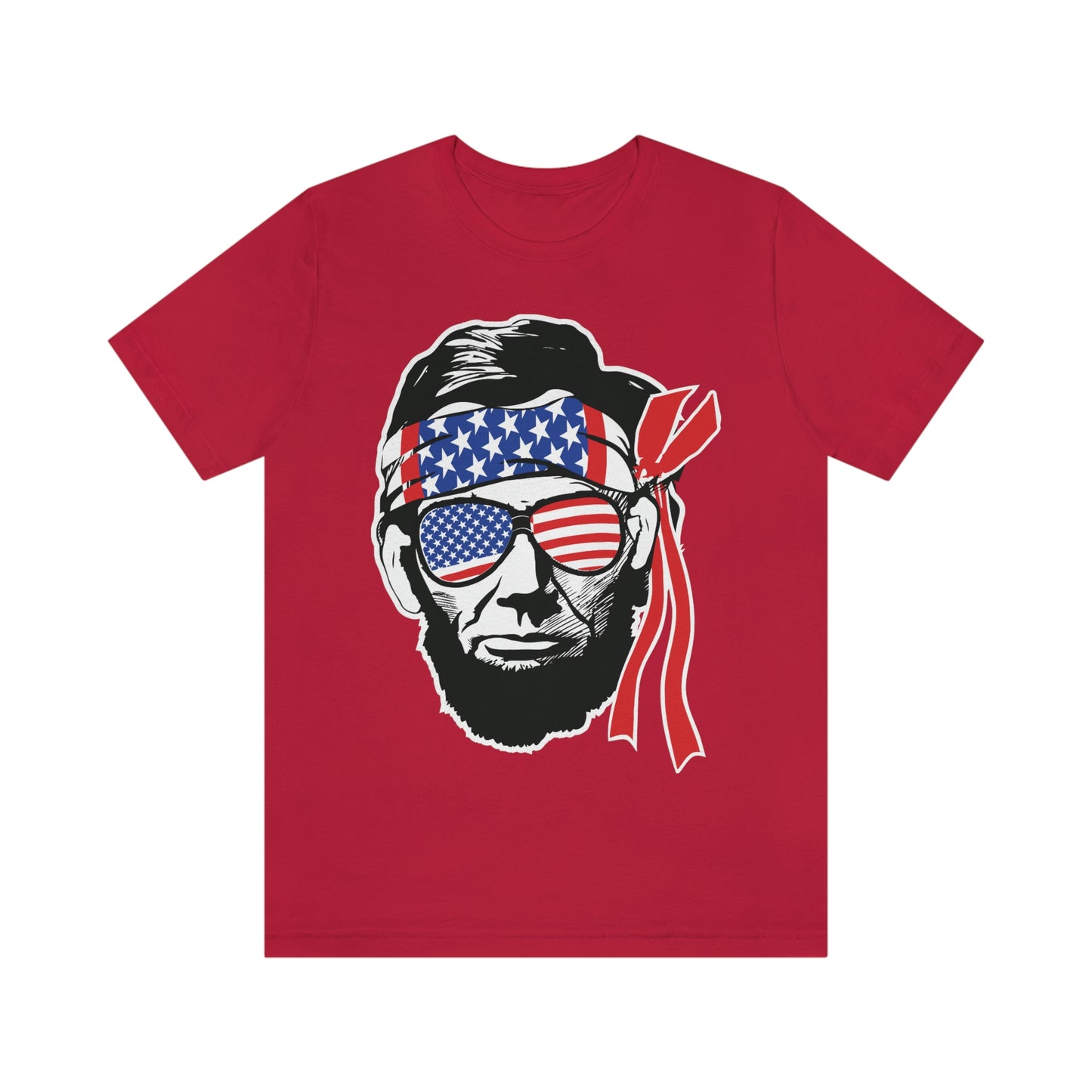 Independence Day Groovy Flag Glasses Well Known Face with Flag Bandana Unisex Jersey Short Sleeve Tee